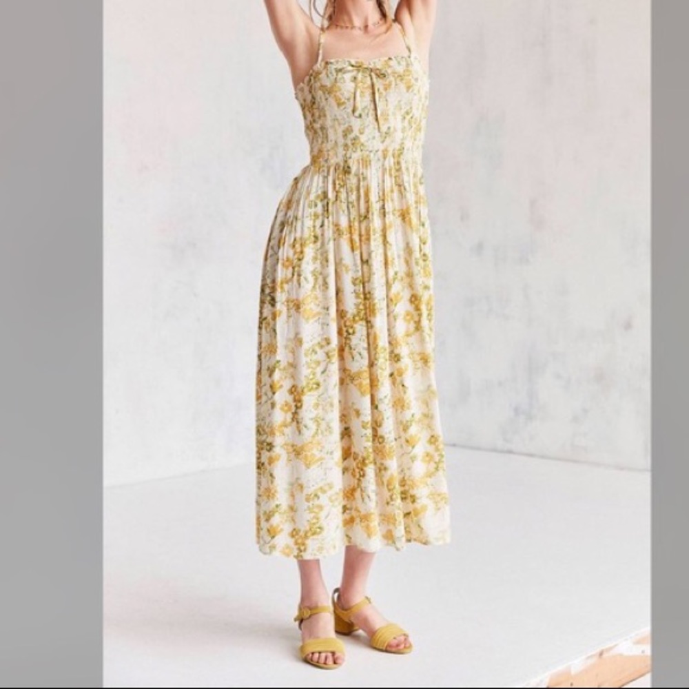 Kimchi Blue Smocked Midi Dress Yellow Floral UO